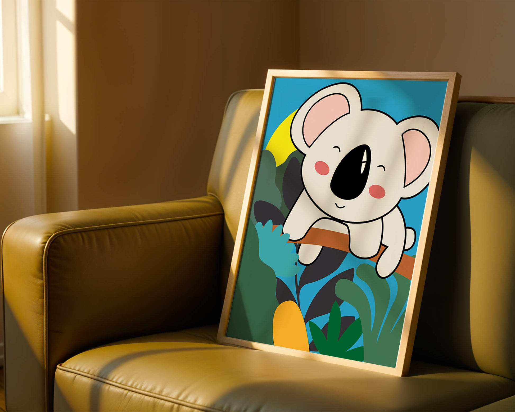 Charming illustrated koala on a branch with vibrant background