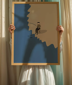 Minimalistic illustration of a person fishing by the sea