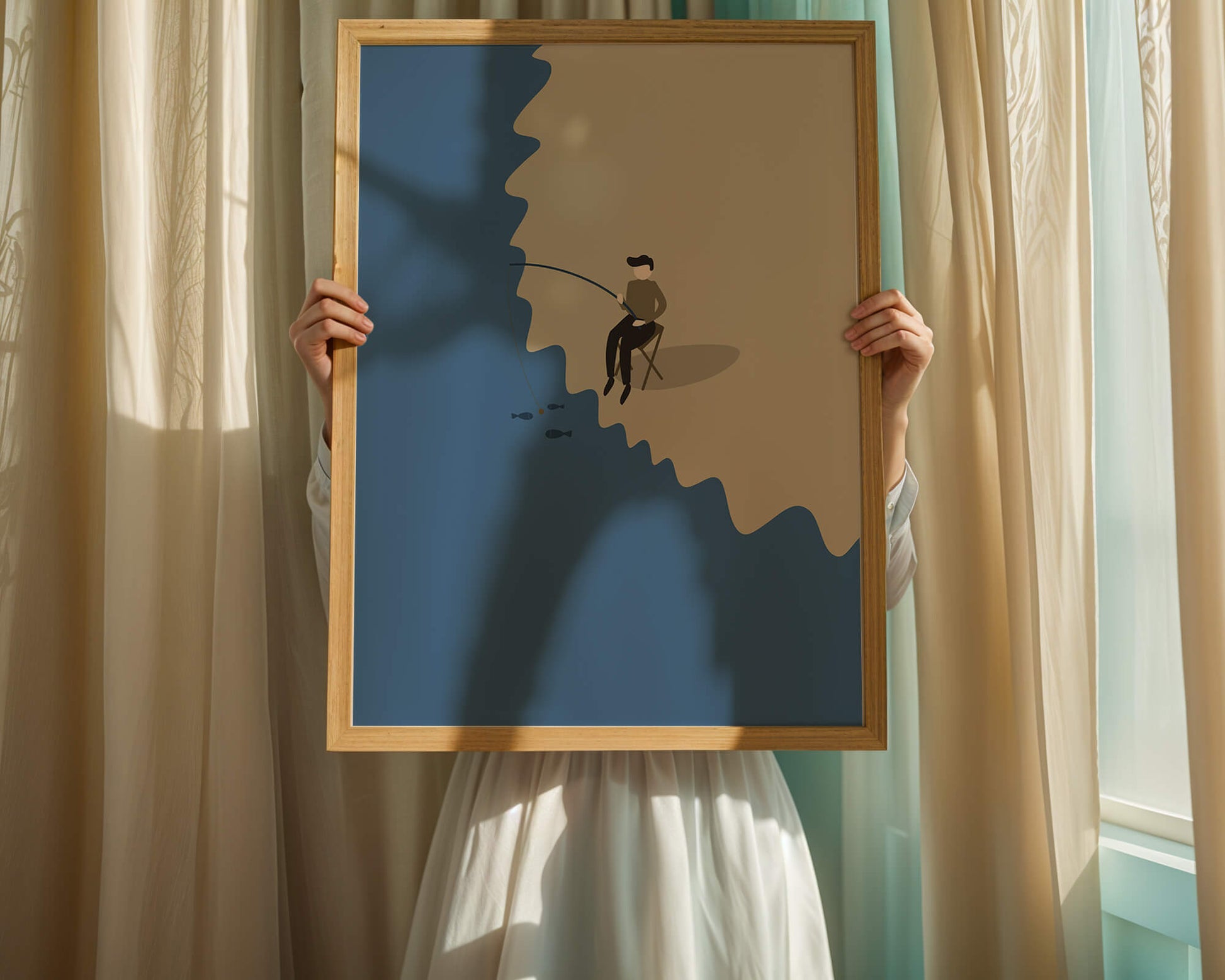 Ilustración minimalista de una persona pescando por el mar