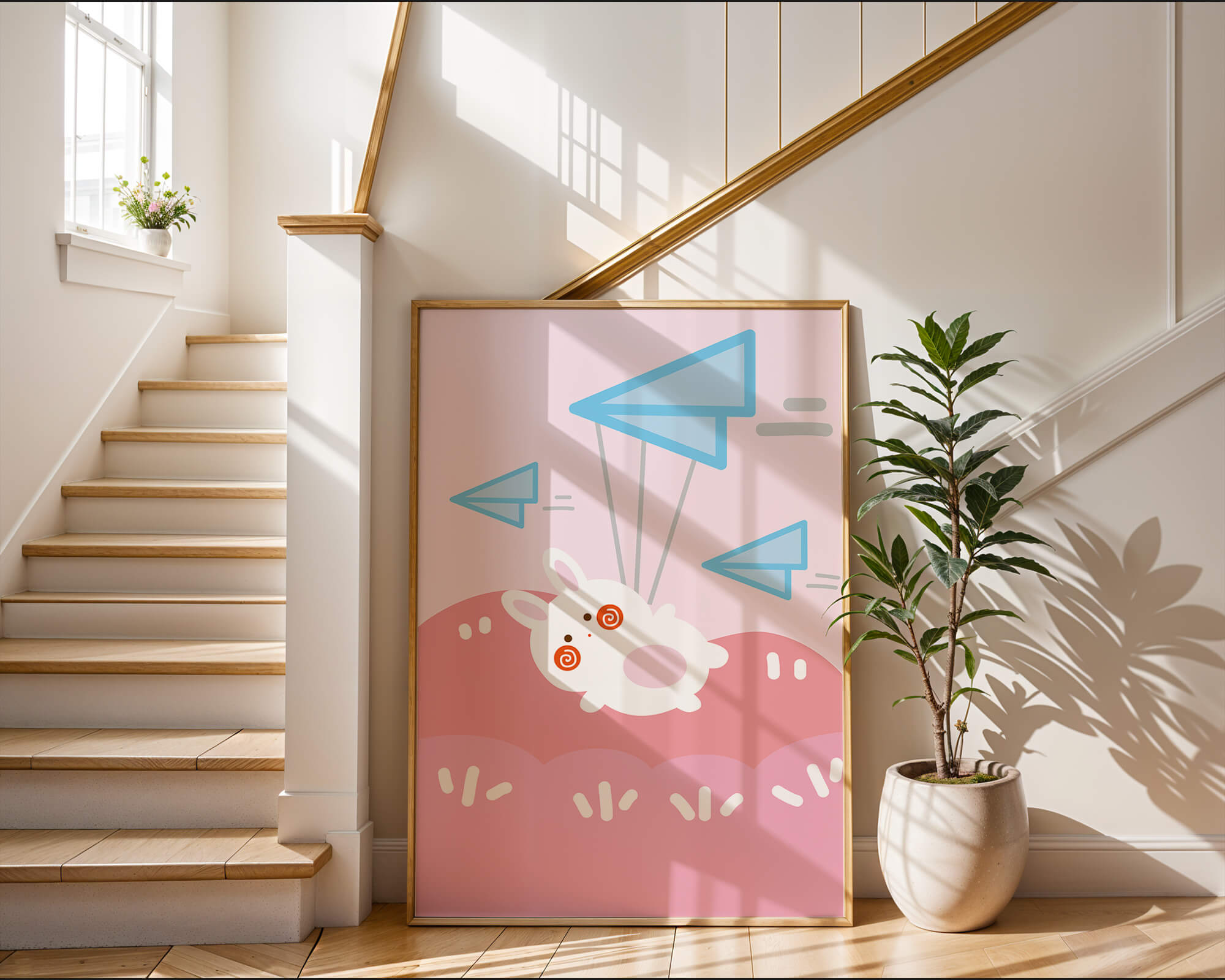 Adorable cartoon bunny flying with paper planes on a pink background