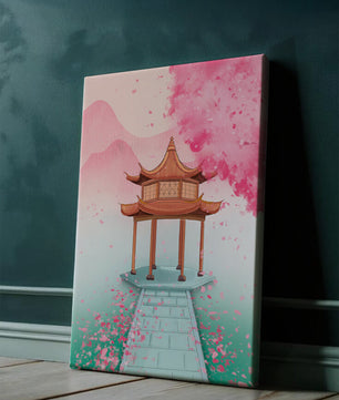 Traditioneller asiatischer Pavillon, umgeben von Kirschblüten