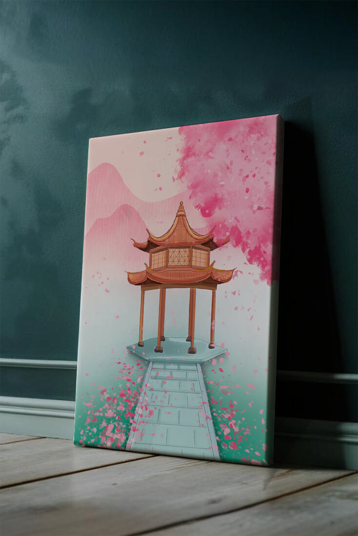 Traditional Asian gazebo surrounded by cherry blossoms