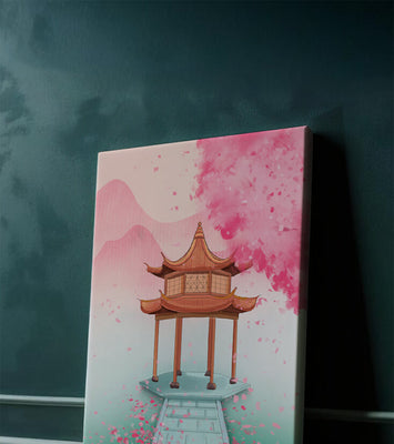 Traditional Asian gazebo surrounded by cherry blossoms