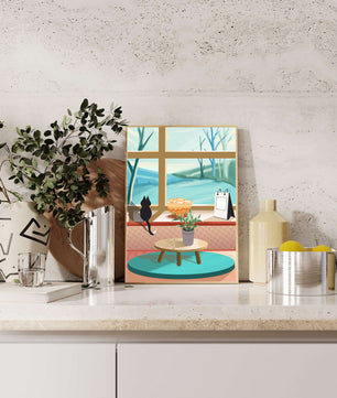 Cozy interior with a cat by the window and potted plants