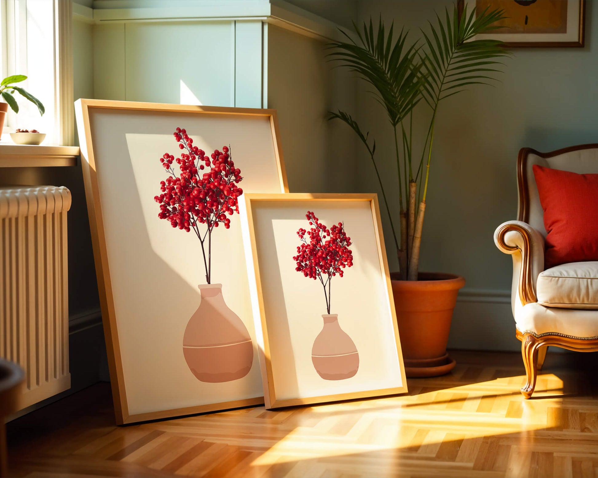 Red berries in minimalist clay vase on neutral background