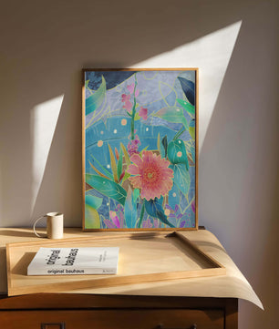 Kunst abstrak bunga yang berwarna-warni dengan bunga dan daun yang cerah