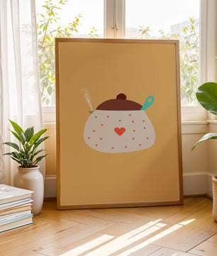 Ilustración de una olla decorada con corazones y vapor sobre fondo amarillo