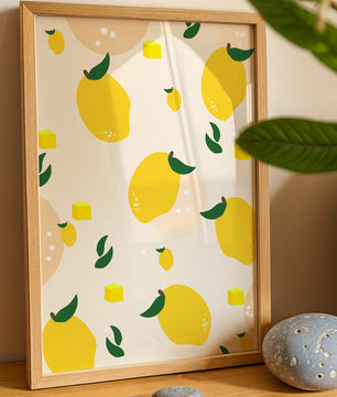 Playful lemon pattern with green leaves and abstract shapes