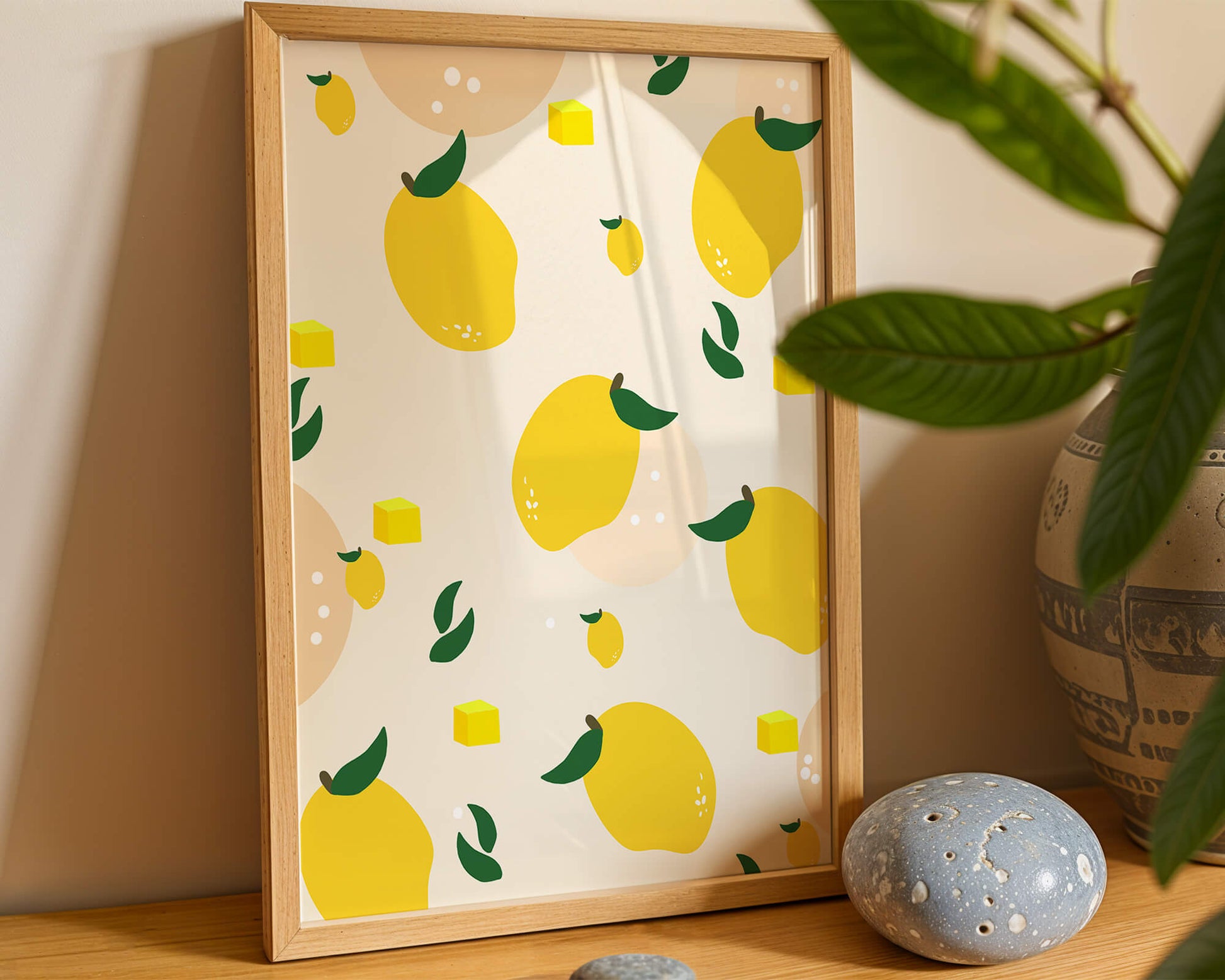 Playful lemon pattern with green leaves and abstract shapes