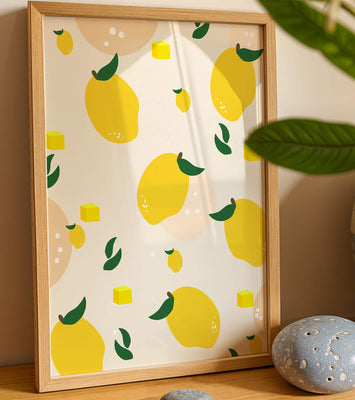 Playful lemon pattern with green leaves and abstract shapes