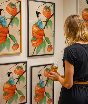 Child playing flute on persimmon-filled tree in whimsical illustration