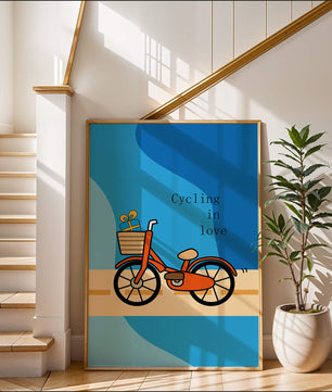 Bicicleta colorida con un regalo en la cesta sobre fondo azul