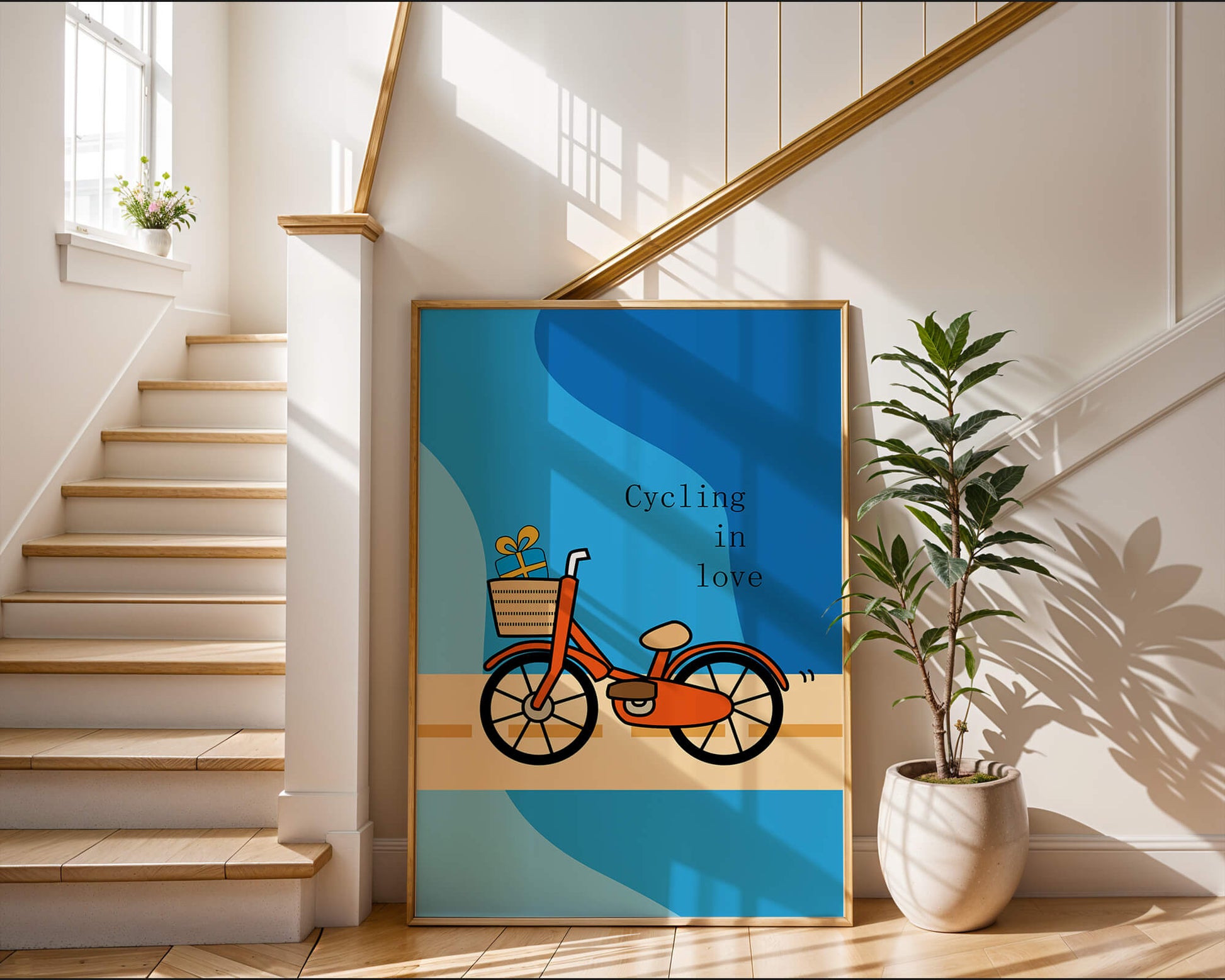 Colorful bicycle with a gift in basket against blue background