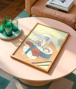 Illustration of assorted sushi on a wooden board