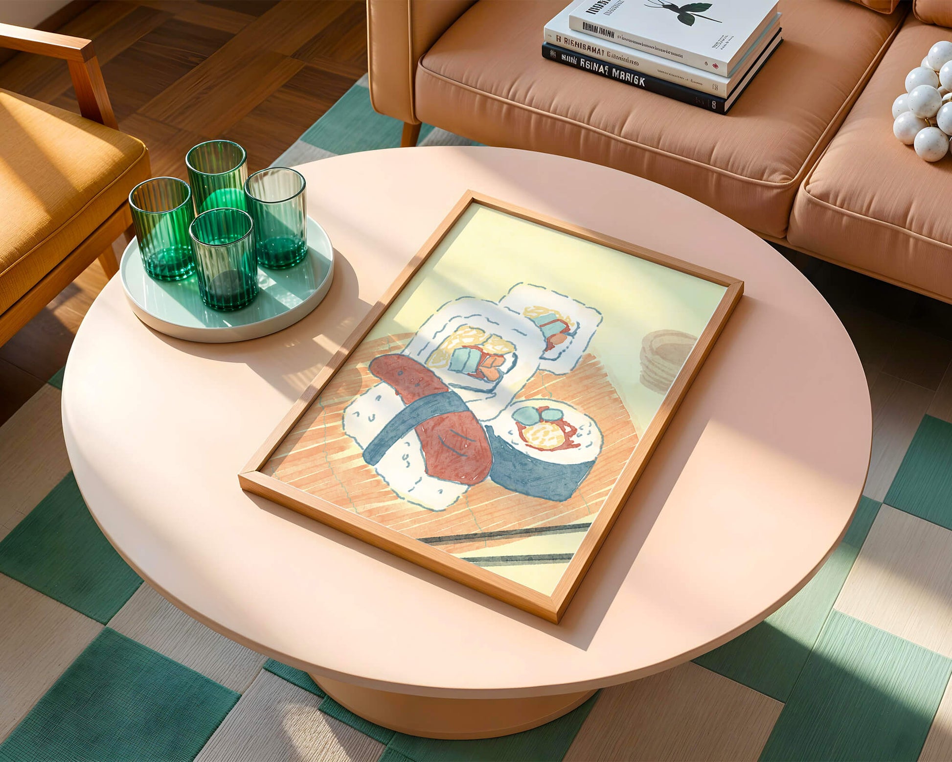 Illustration of assorted sushi on a wooden board