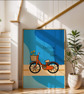 Colorful bicycle with a gift in basket against blue background