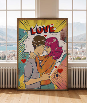 Ilustración de pop art romántico con pareja abrazándose y texto de amor