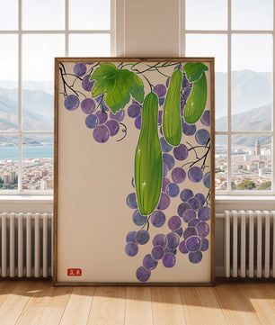 Ilustración de uvas y pepino con colores vibrantes y hojas