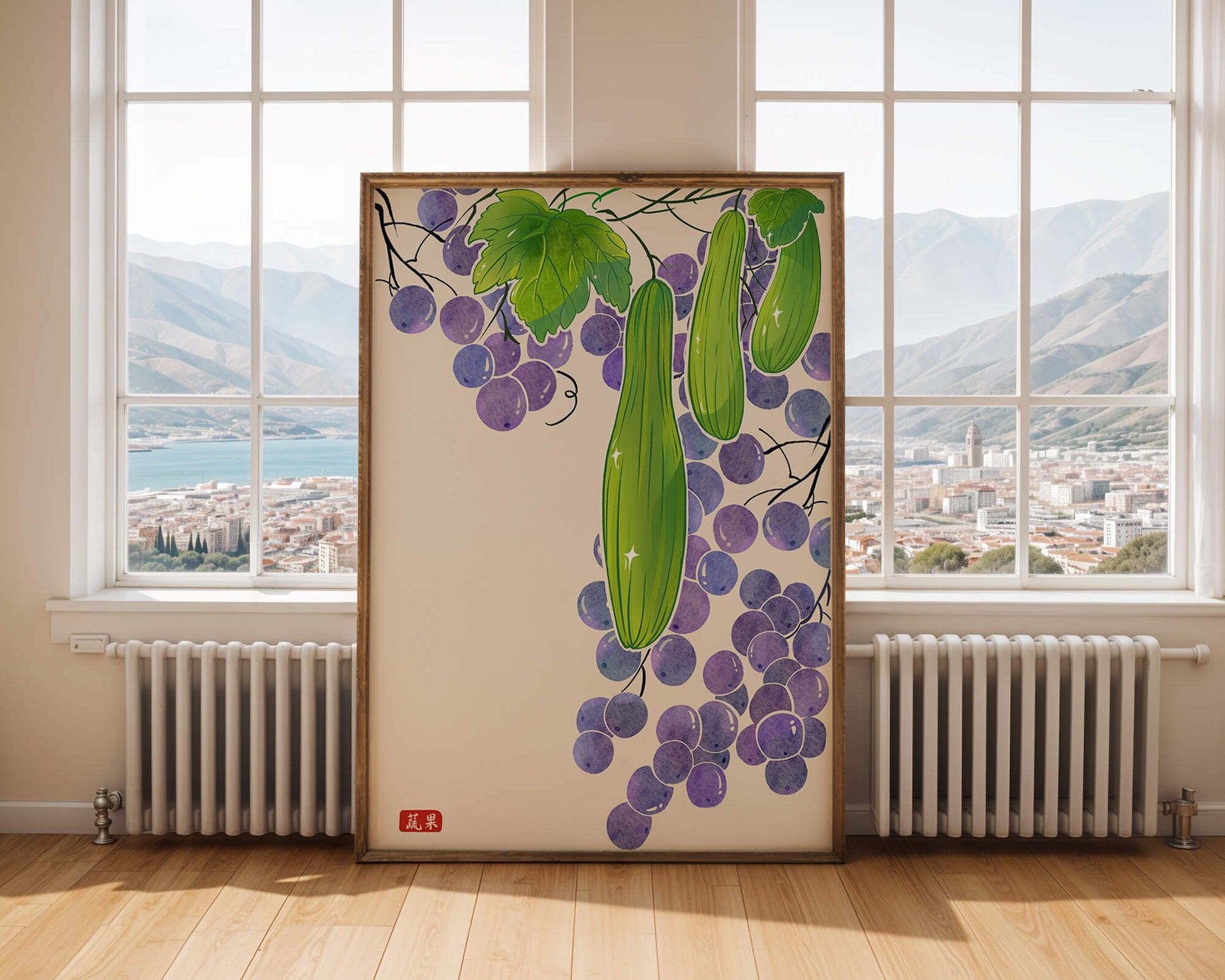 Ilustración de uvas y pepino con colores vibrantes y hojas