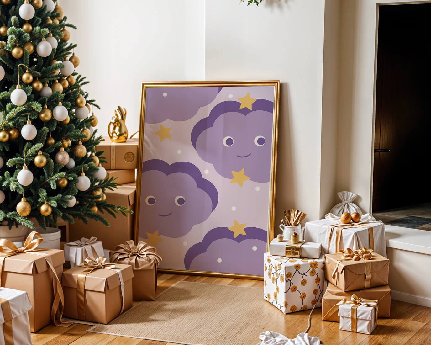 Whimsical purple cloud and star pattern for children's room decor