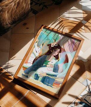 Œuvre de fantasy élégante mettant en scène une figure mystique accompagnée de renards et de couleurs vibrantes