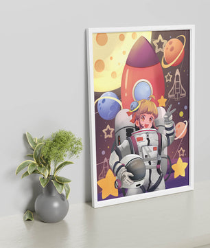 Ilustración de una chica astronauta con temática espacial