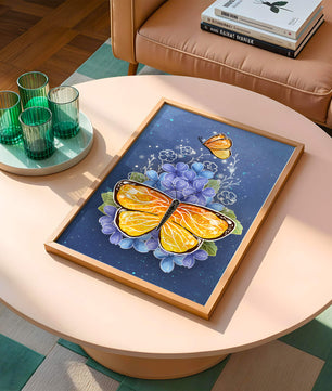Bright butterfly with blue flowers on a starry background