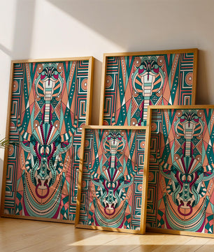 Arte tribal geométrico con motivos de serpiente y toro