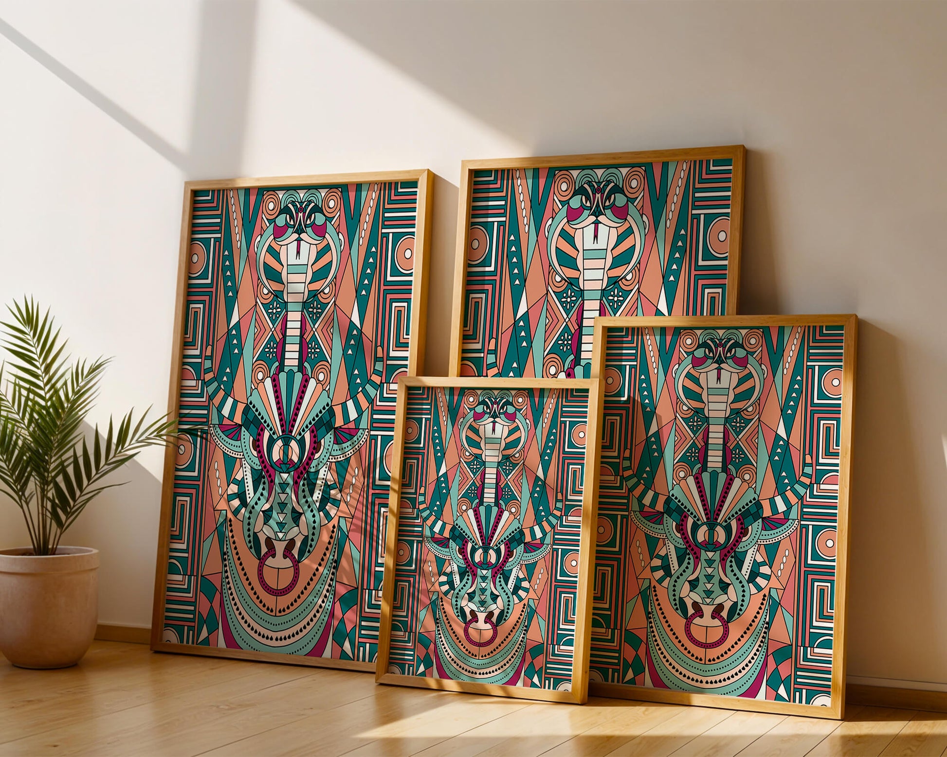 Arte tribal geométrico con motivos de serpiente y toro