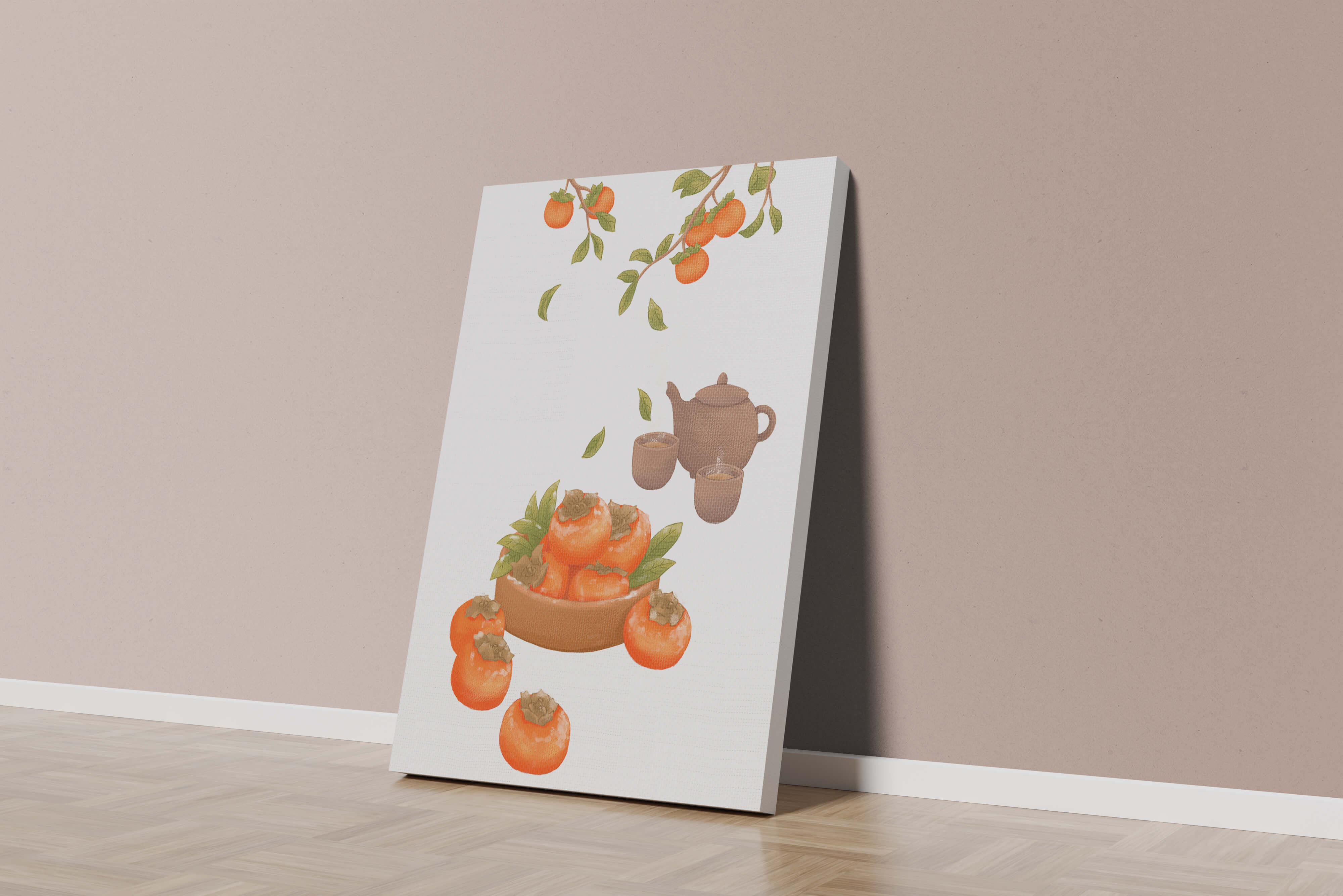 Cozy tea setting with persimmons and branches