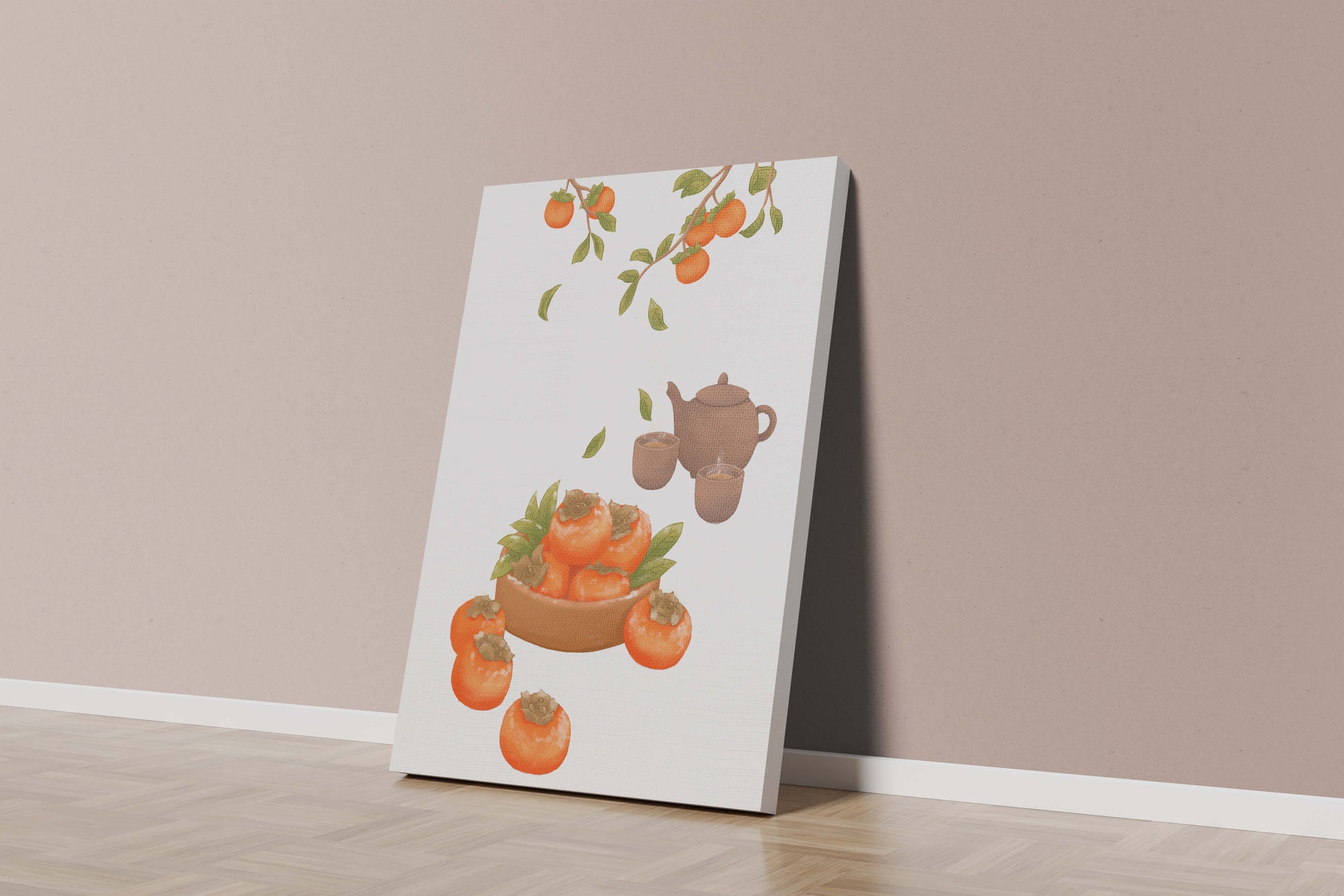 Cozy tea setting with persimmons and branches