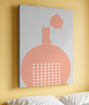 Katzensilhouette mit Ballon auf minimalistischem Kreishintergrund