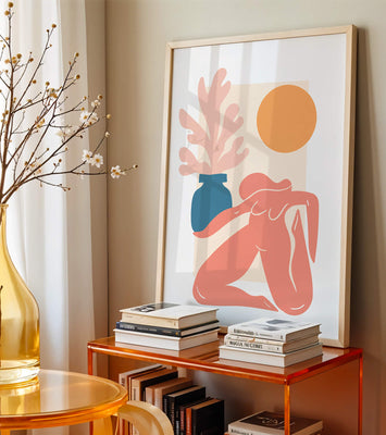 Abstract Nude Figure with Vase and Sun in Minimalist Style