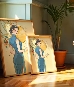Mujer elegante con vestido tradicional y fondo floral y sol dorado