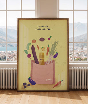 Ilustración de vegetales frescos y leche en una bolsa de comestibles