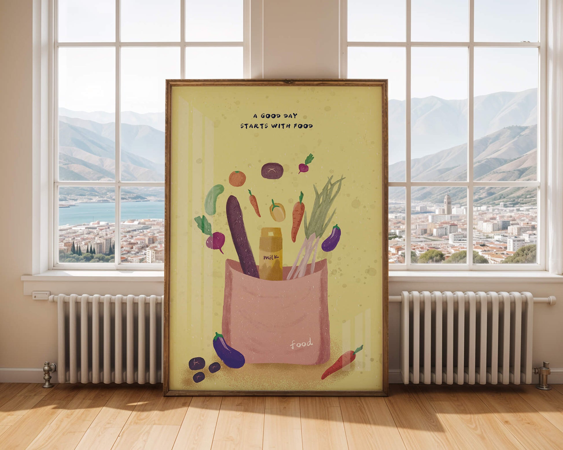 Ilustración de vegetales frescos y leche en una bolsa de comestibles