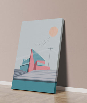 Ilustración arquitectónica moderna con diseño geométrico y atardecer