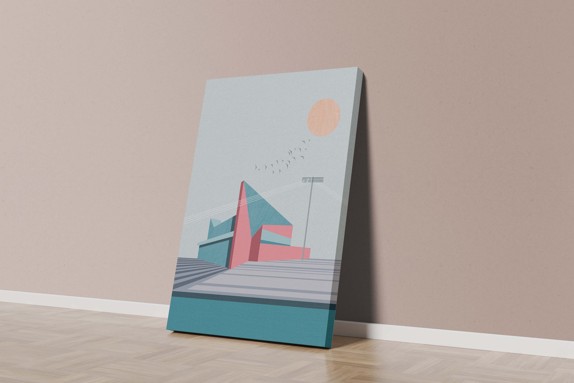 Ilustración arquitectónica moderna con diseño geométrico y atardecer