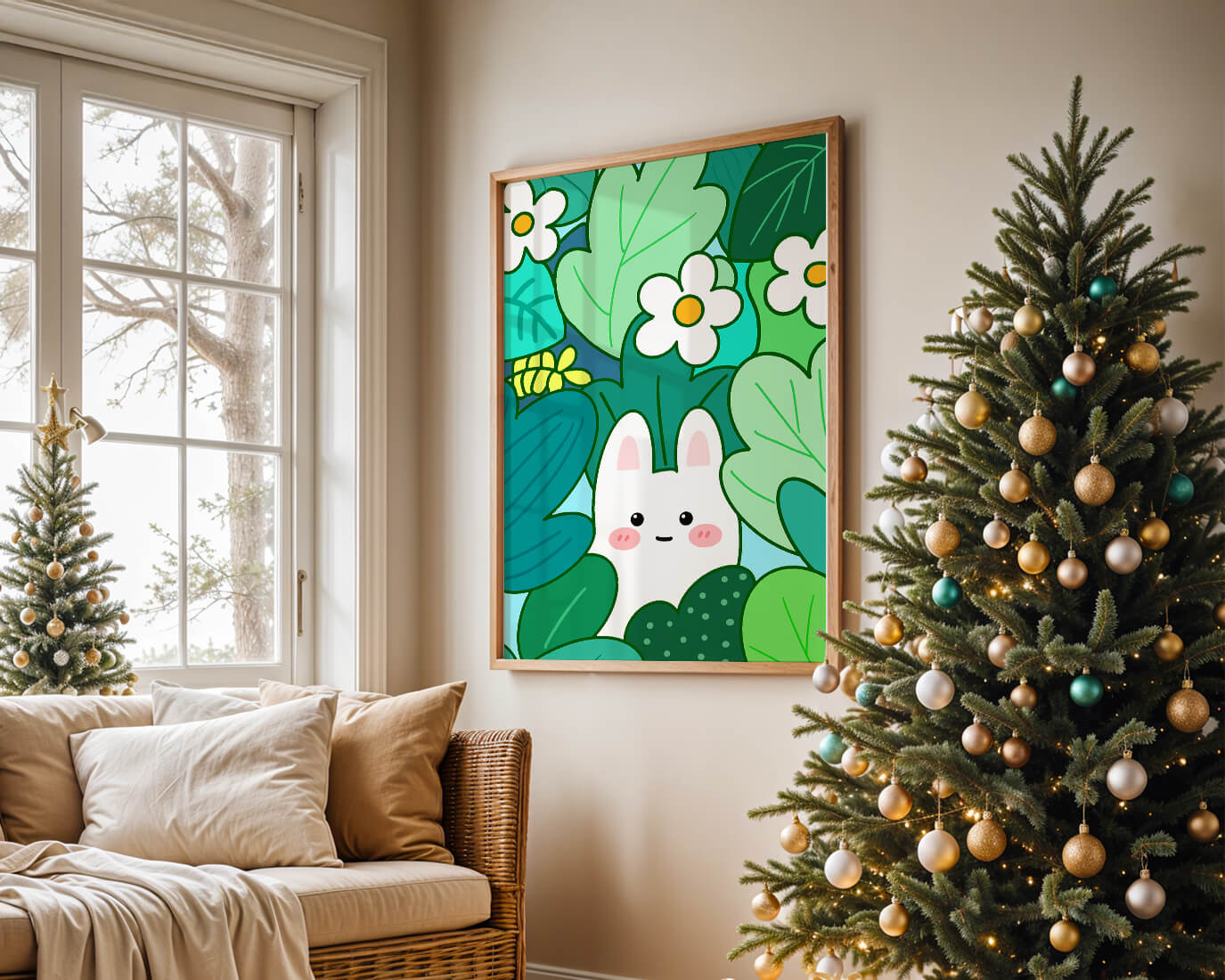 Illustration of a cute rabbit hidden among flowers and greenery