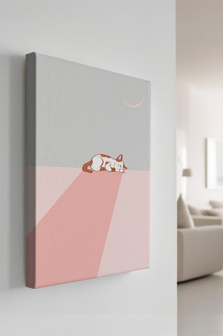 Sleeping Cat in Minimalistic Moonlit Scene