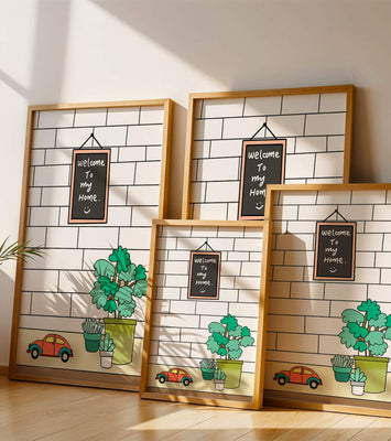 Chalkboard welcome sign with potted plants and a toy car