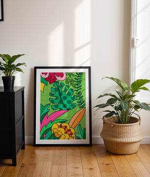 Colorful botanical illustration with vibrant tropical elements