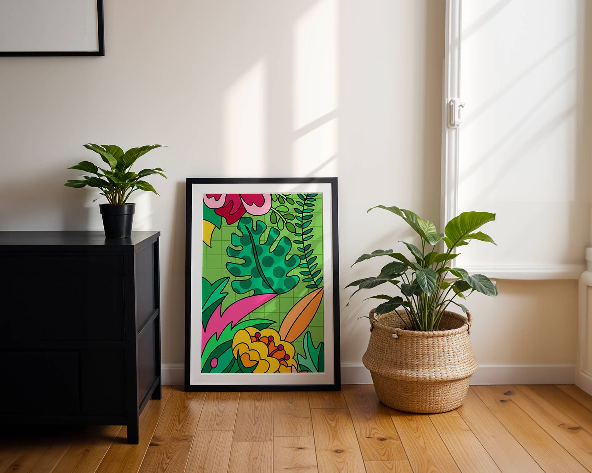 Colorful botanical illustration with vibrant tropical elements