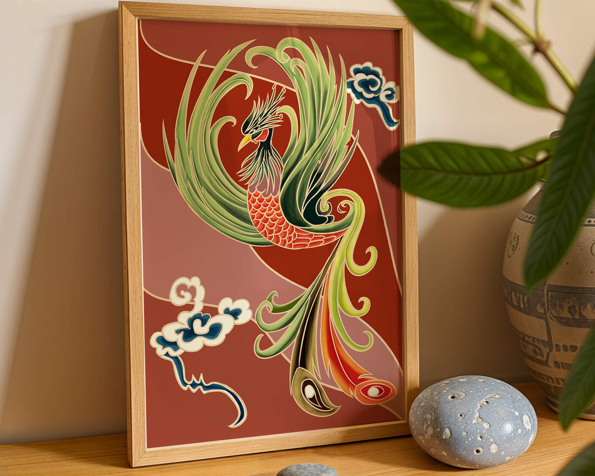 Stylized phoenix illustration with vibrant colors and clouds