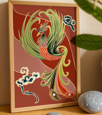 Stylized phoenix illustration with vibrant colors and clouds