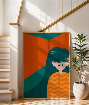 Colorful abstract illustration of a character with teal hair and orange background