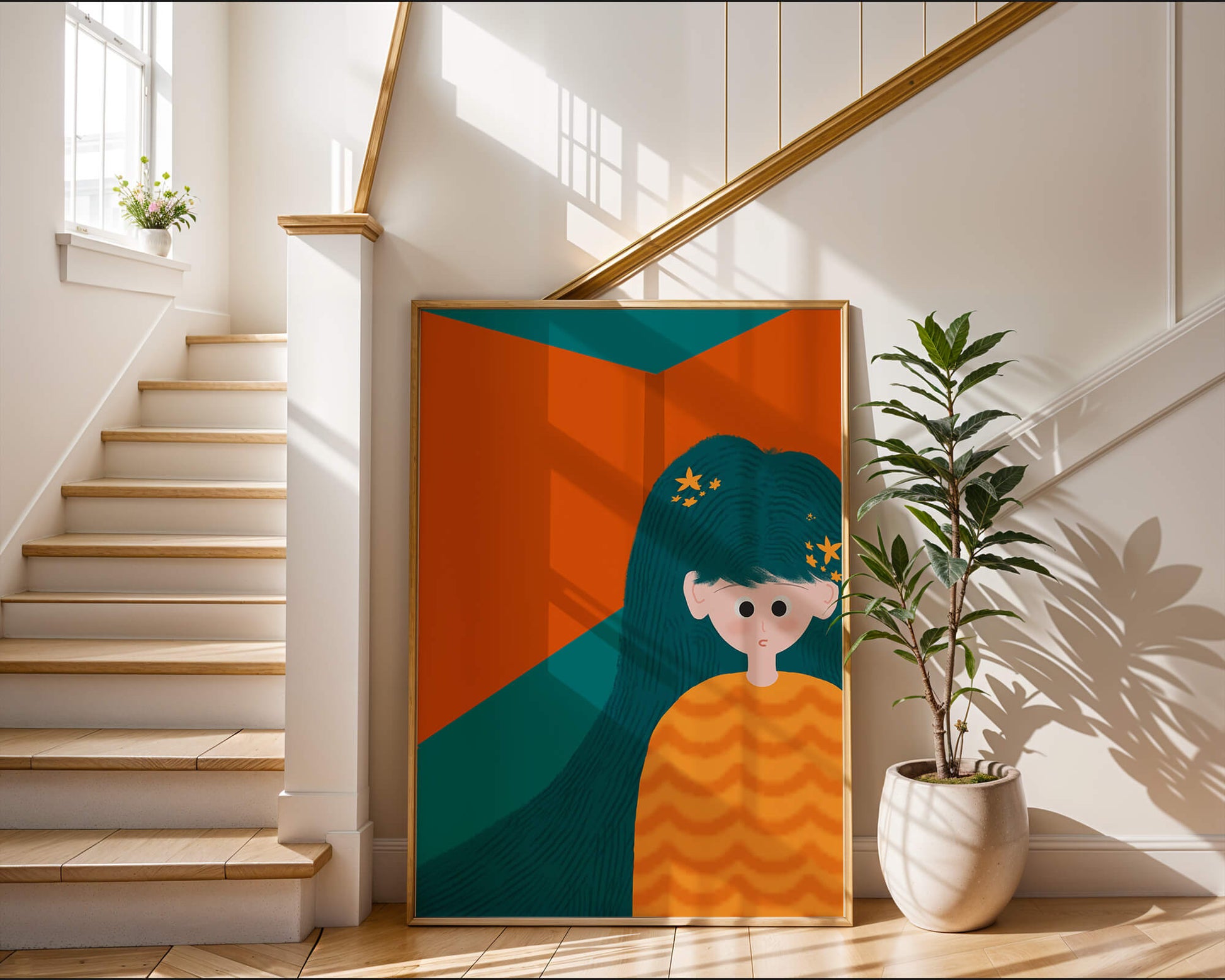 Colorful abstract illustration of a character with teal hair and orange background