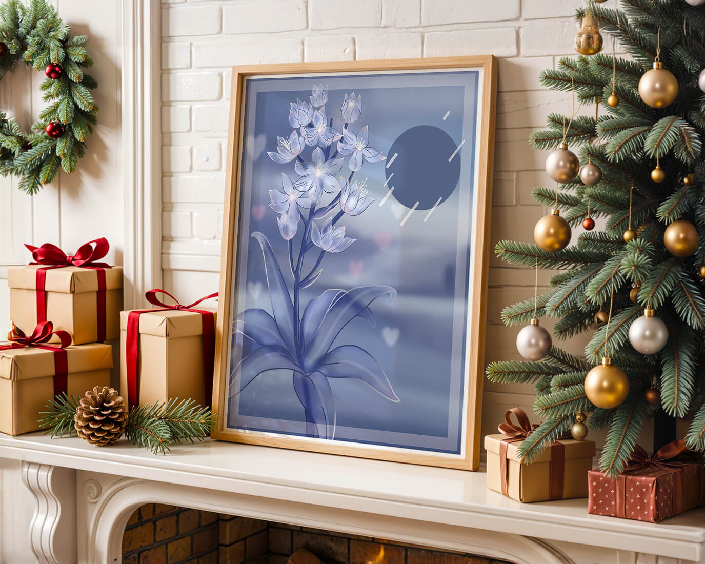 Delicate blue floral illustration with stylish geometric elements