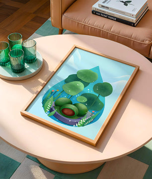 Nature-inspired abstract illustration with leaves and spheres
