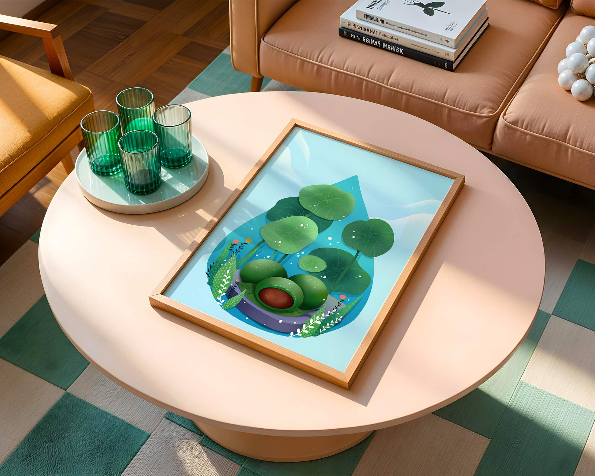 Nature-inspired abstract illustration with leaves and spheres